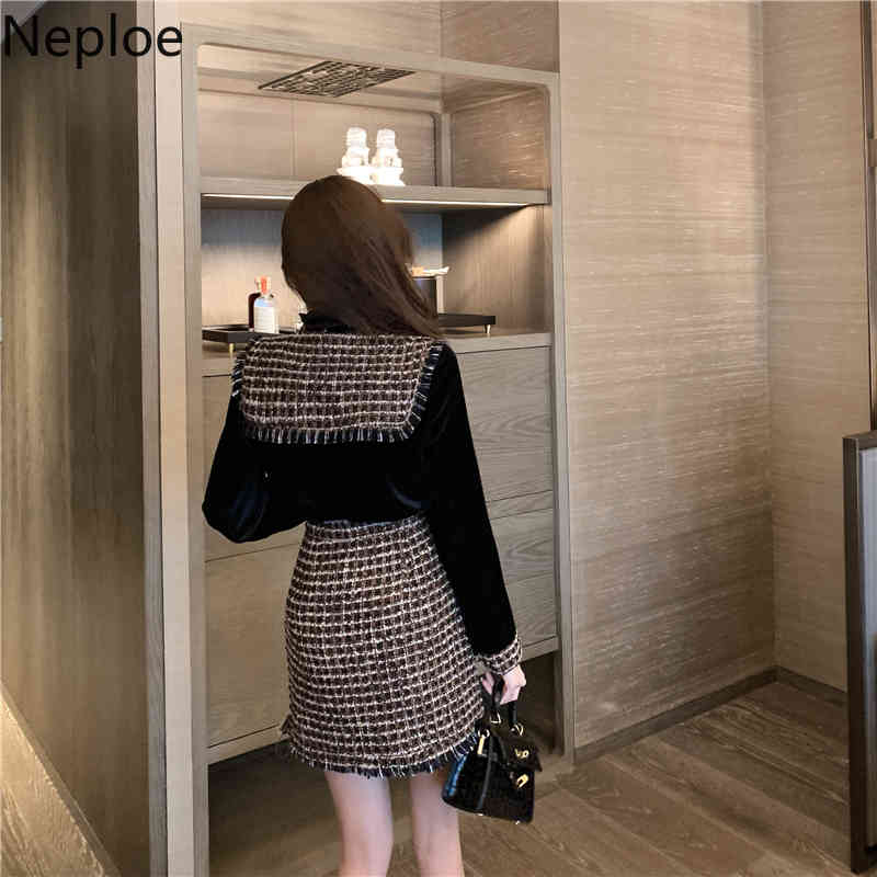 Neploe Two Piece Outfits Women Fall Clothes Elegant Velvet Shirt Tops Bodycon Tassels Mini Dresses Korean Chic Suit 2 Piece Set 210422