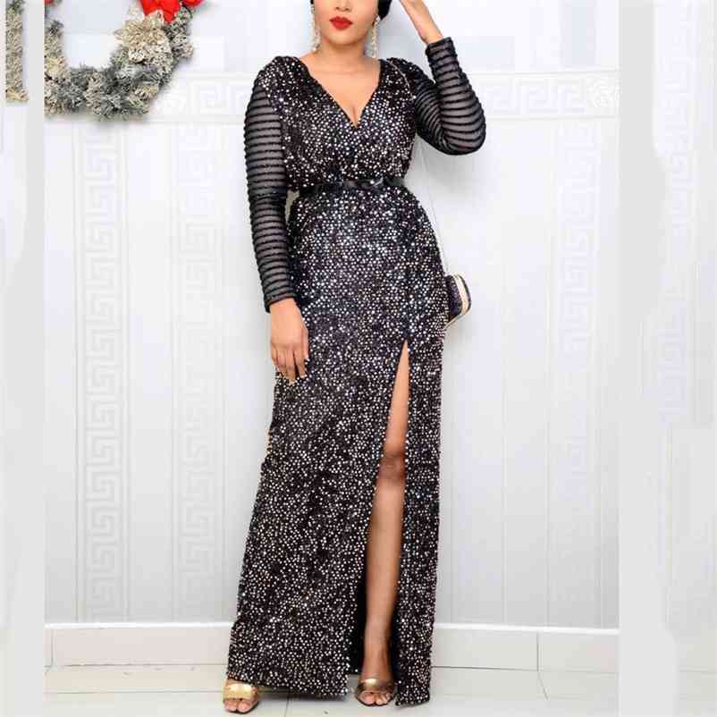 Black Sequined African Dress Women Evening Fashion Full Sleeve High Waist Split Bodycon Sexy Night Party Dinner Elegant 210510