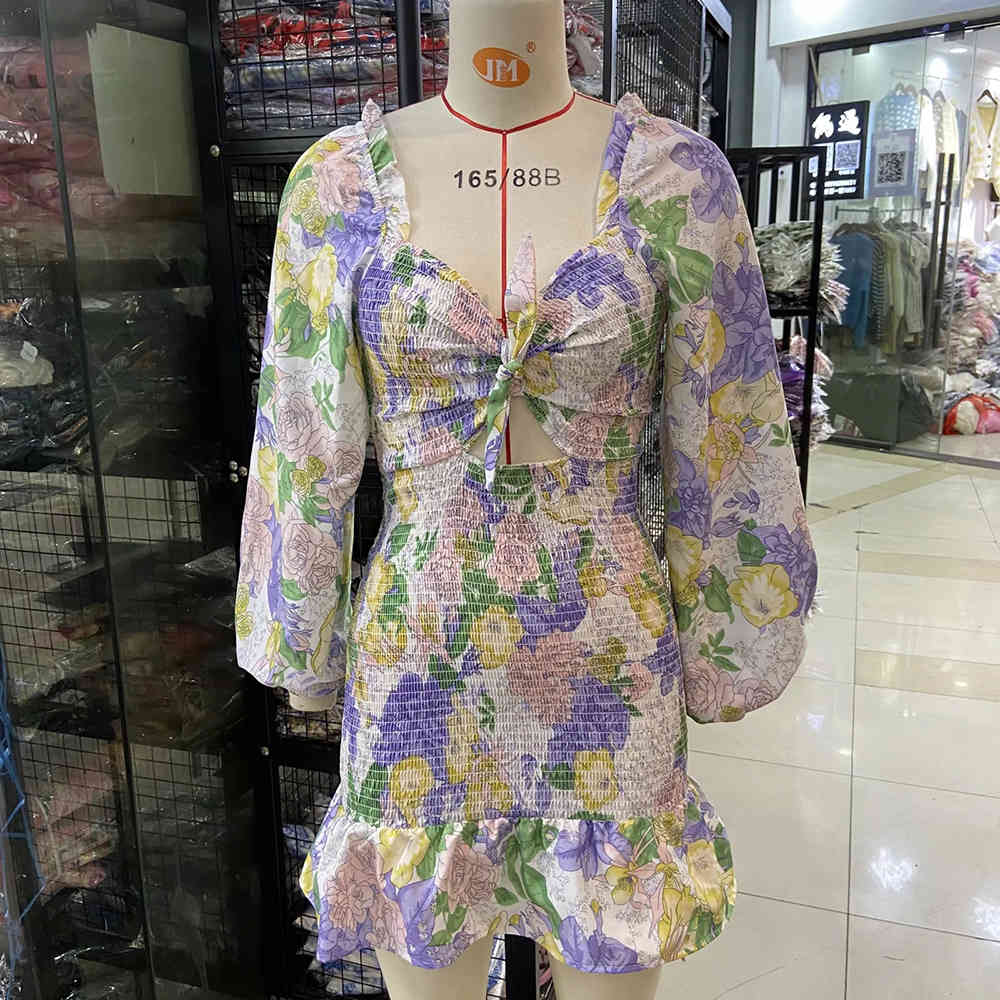 BBWM Holiday Summer Dress Women Elasticity Sweet Ruffle Sexy V Neck Long Sleeve Vestido Mujer A-line Mini Floral Print Dress 210520