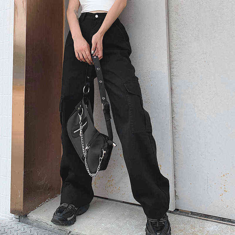 Weekeep Pockets Patchwork High Waist Jeans Women Streetwear Straight Jean Femme Blue 100% Cotton Cargo Pants 211112