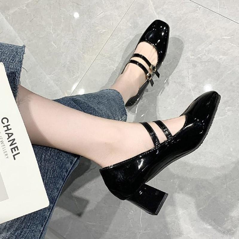 Spring Autumn Women Double Buckle Mary Janes Shoes Patent Leather Dress High Heels Pumps Retro Ladies Shoe Black Red