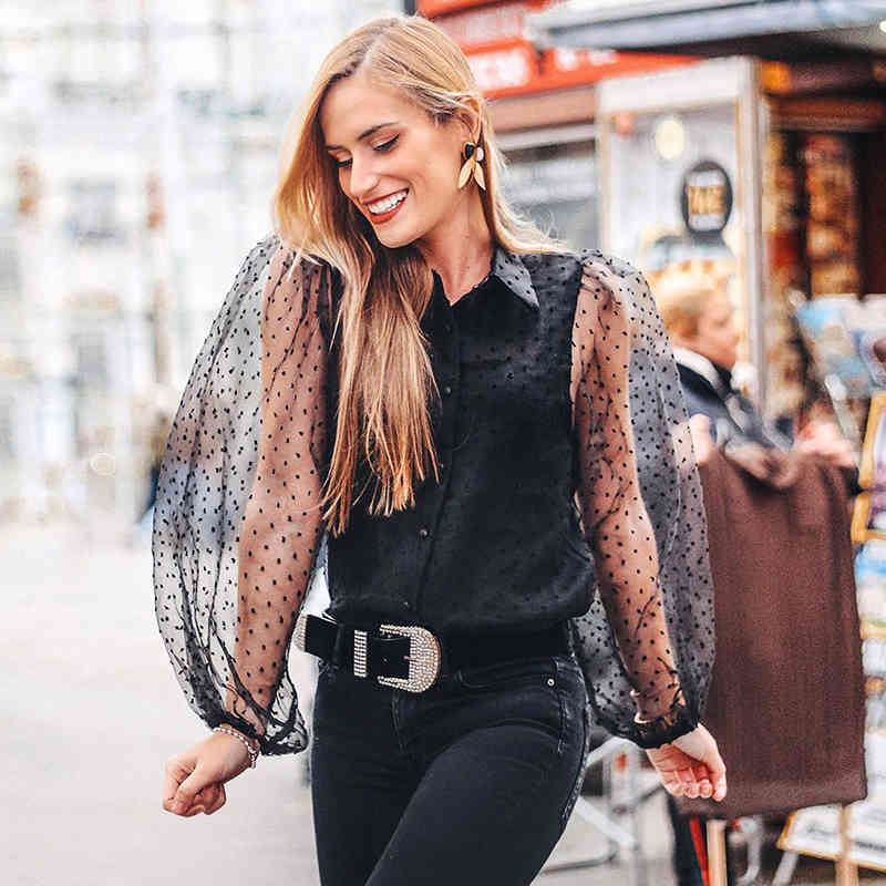 Women Black Organza Blouse Transparent Turn Down Collar Long Puff Sleeve Shirt Female Ladies Tunic Tops 210508