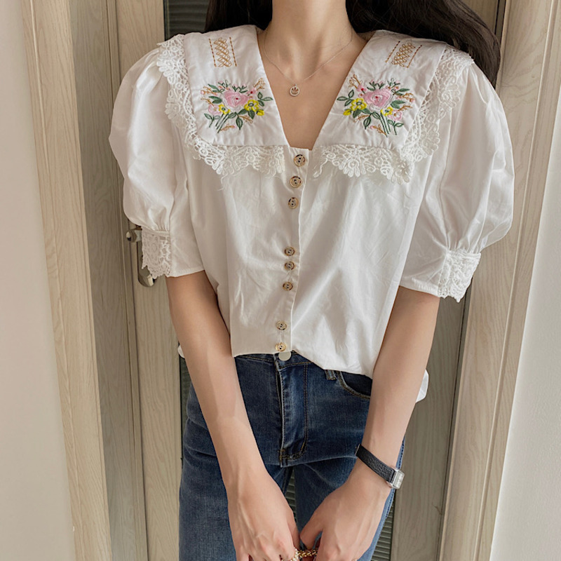 Summer Retro Elegant Gentle Fashion Heavy Industry Embroidery Flowers Splicing Lace Ladies Puff Sleeve Sweet Shirt 210515