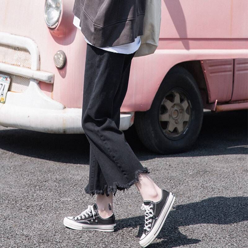 Spring Korea Fashion Women Jeans Irregularity Tassels High Waist Loose Straight Denim Pants Cotton black Wide Leg D170 210512