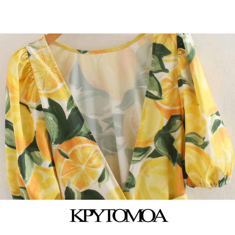 Women Chic Fashion Fruit Print With Belt Mini Dress Bacless Puff Sleeves Female Dresses Vestidos Mujer 210420