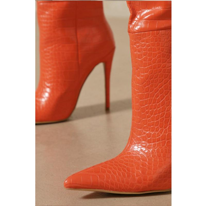 Boots MKKHOU Fashion Short Women's Crocodile Pattern Pointed Stiletto High Heel Lady All-match Middle