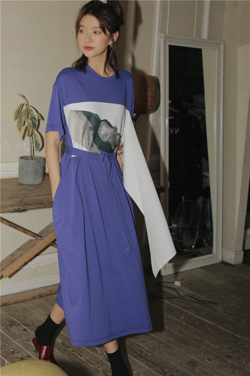 Purple Long T Shirt Dress Women Ribbon Print Short Sleeve Loose Midi Tshirt With Belt Summer Fashion 210427