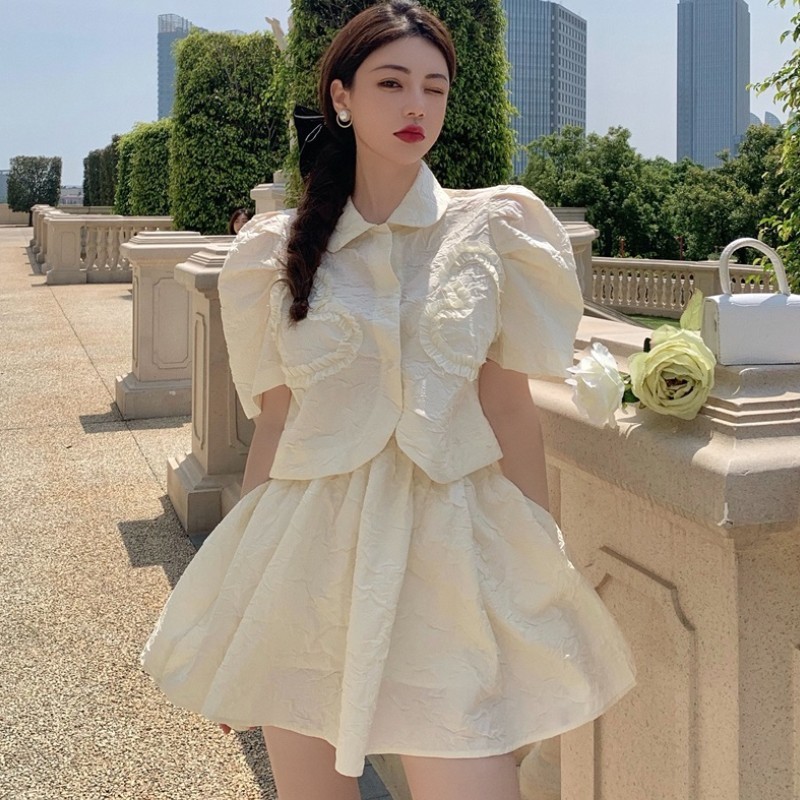 French Elegant 2 Piece Sets Fashion Sweet Peter Pan Collar Puff Sleeve Shirt Top + High Waist Mini Skirts Women Set Femme 210519