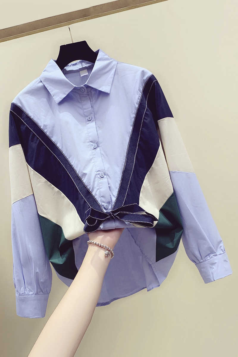 Spring and Summer Korean-style Casual Women Shirts Loose-Fit Bow Lace-up Shirt Women's Patchwork 210615Z