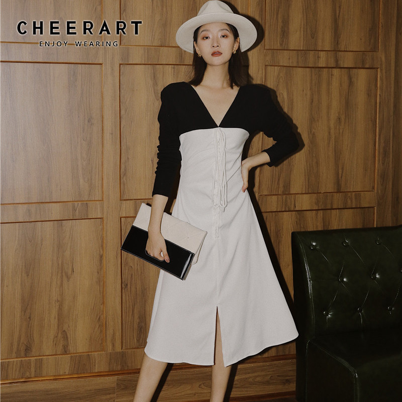 cheerart fall 2021 women tunic long shirred dress v neck black and white patchwork long sleeve a line ladies dress clothing, Black;gray
cheerart fall 2021 women tunic long shirred dress v neck black and white patchwork long sleeve a line ladies dress clothing, Black;gray