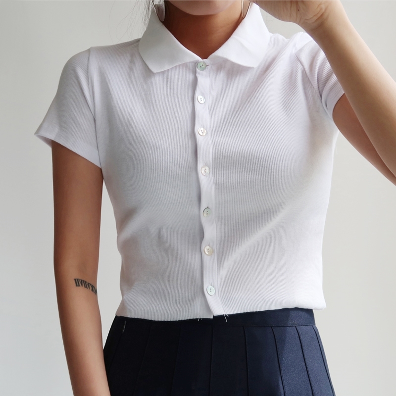 Women Short Sleeve Collared Button Up Crop Top Opaque Buttons T-shirt 210406