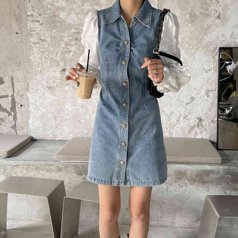 Dresses Casual Vintage Puff Long Sleeve Turn Down Collar Denim Dress Women Single-breasted Patchwork Vestidos Mujer Knee Street 210429
