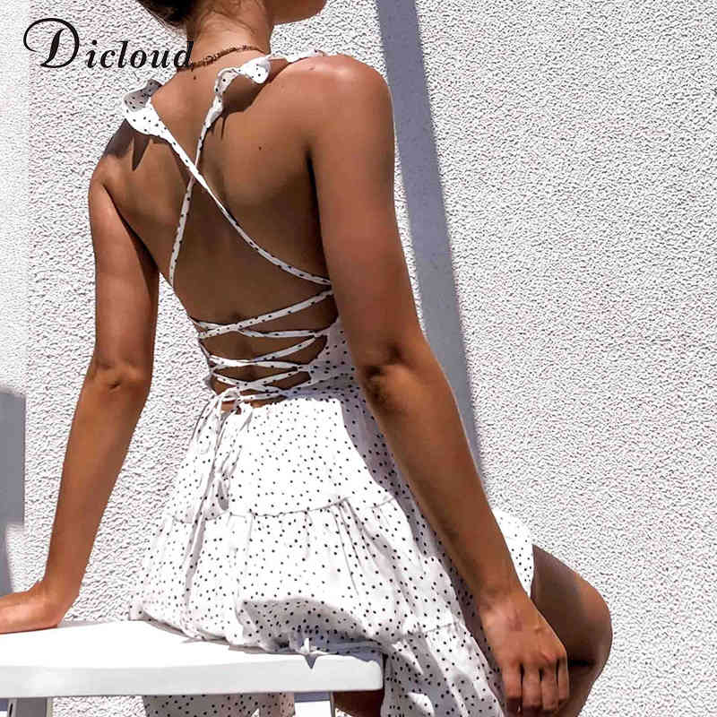 DICLOUD Polka Dot White Women's Summer Sundress Ruffle Backless Sexy Mini Party Dress Elegant Lace up Beach Clothes Female 210331