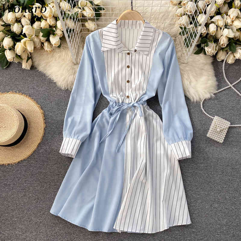 Elegant Shirt Dress Women Long Sleeve Contrast Color Striped Patch Dresses Office Lady Midi Robe Korean Chic Vestidos 210519