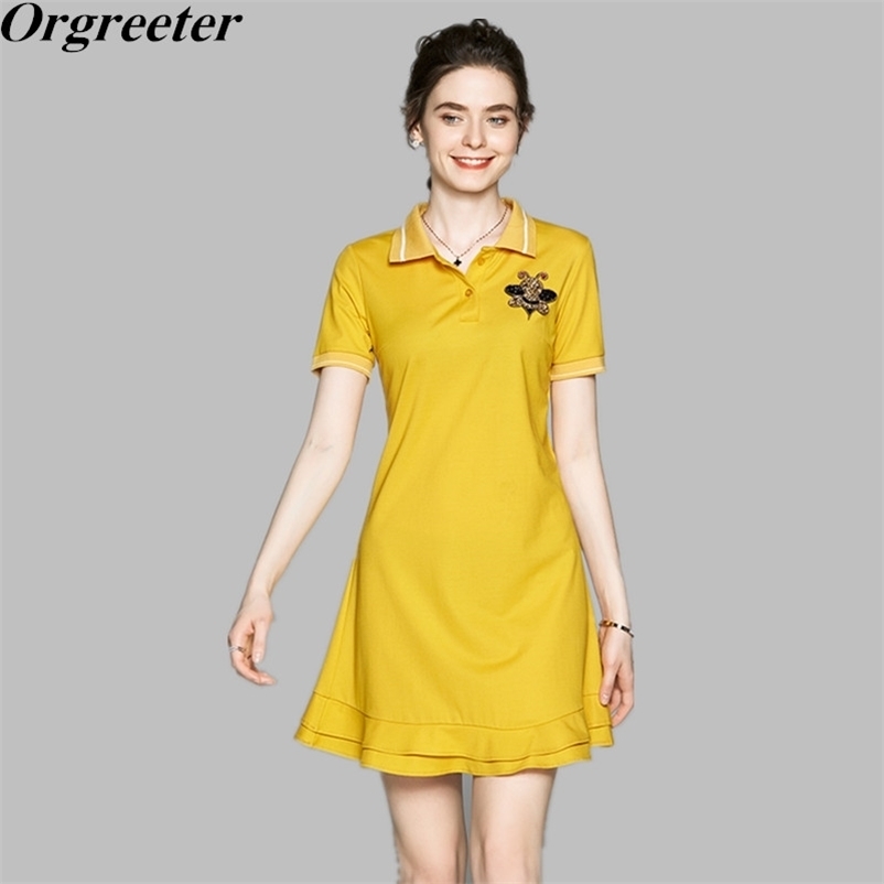 Casual Lapel Shirt Dress Female Summer Sweet Bee Appliques Short Sleeve Sport Ruffles Hem Mermaid 210525, Picture color
Casual Lapel Shirt Dress Female Summer Sweet Bee Appliques Short Sleeve Sport Ruffles Hem Mermaid 210525, Picture color