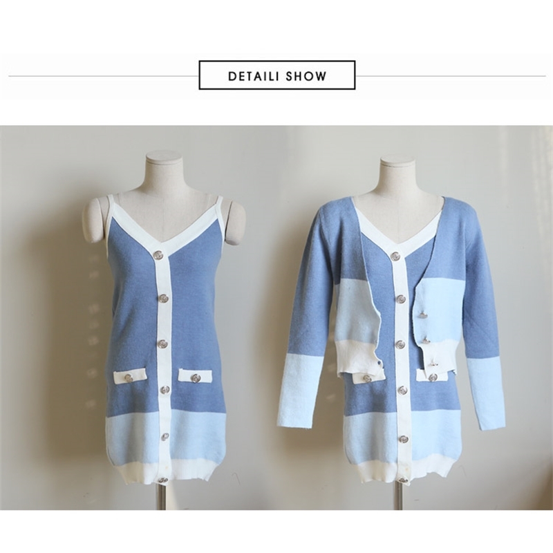 Fashion Women's Knitted Long Car Fashidigan Sling Color matching Slender Sweater round Neck Top Set Two-Piece Women 210506
