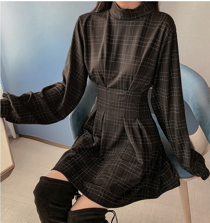Spring Autumn Women Fashion Long Sleeve Plaid Stand Collar Female Retro High Waist Ruched Mini Dress 210518