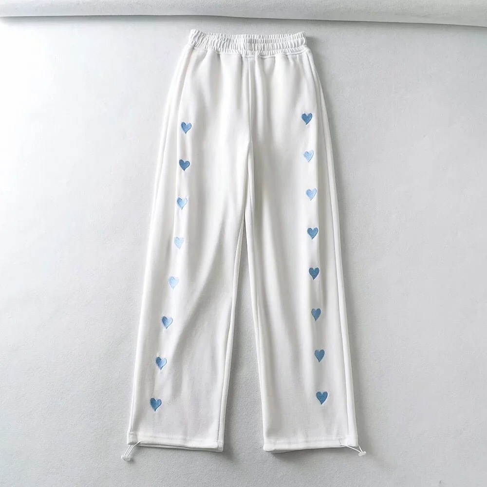 Spring Autumn Contrast color Heart Embroidery Wide Leg Pants Woman Adjust Rope Cuff Loose Trousers Sports Casual Bottom 210429