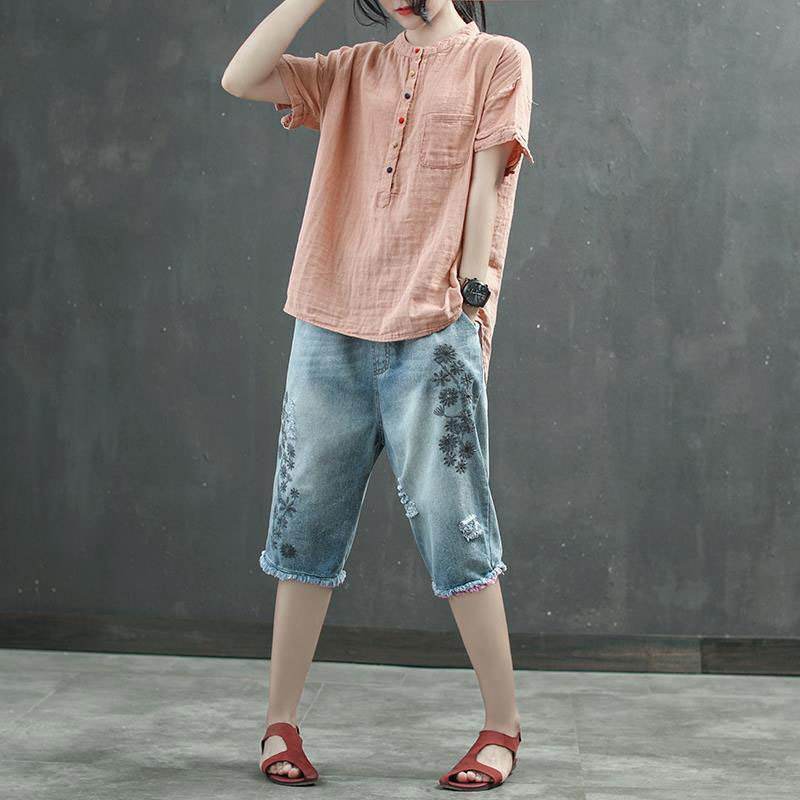 Summer Style Women Shirt Plus Size Short Sleeve Loose Casual Ladies Tops stand collar Button vintage cotton linen Blouse D140 210512