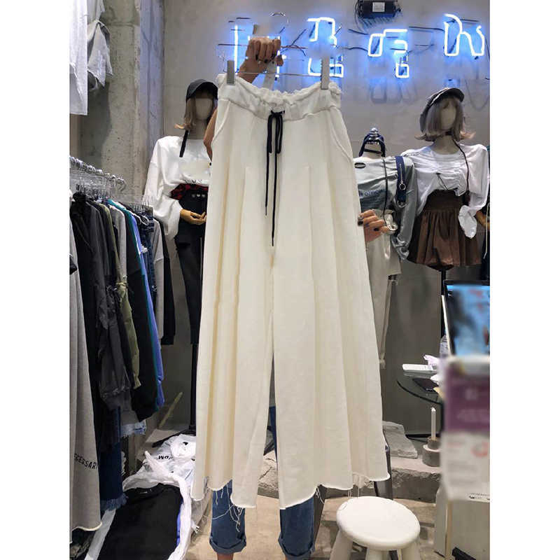 Spring And Summer Fashion Casual Loose Elastic Waist Trousers Comfortable Home Lace-up Cotton Ladies Wide-leg Pants 210615Z