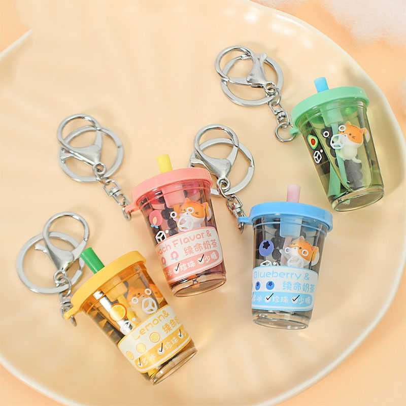 Creative Pearl Straw Milk Tea Cat Life Extension Keychain Cartoon Floating Kitty Liquid Key Chain Women Bag Pendant Keyfob Gifts G1019