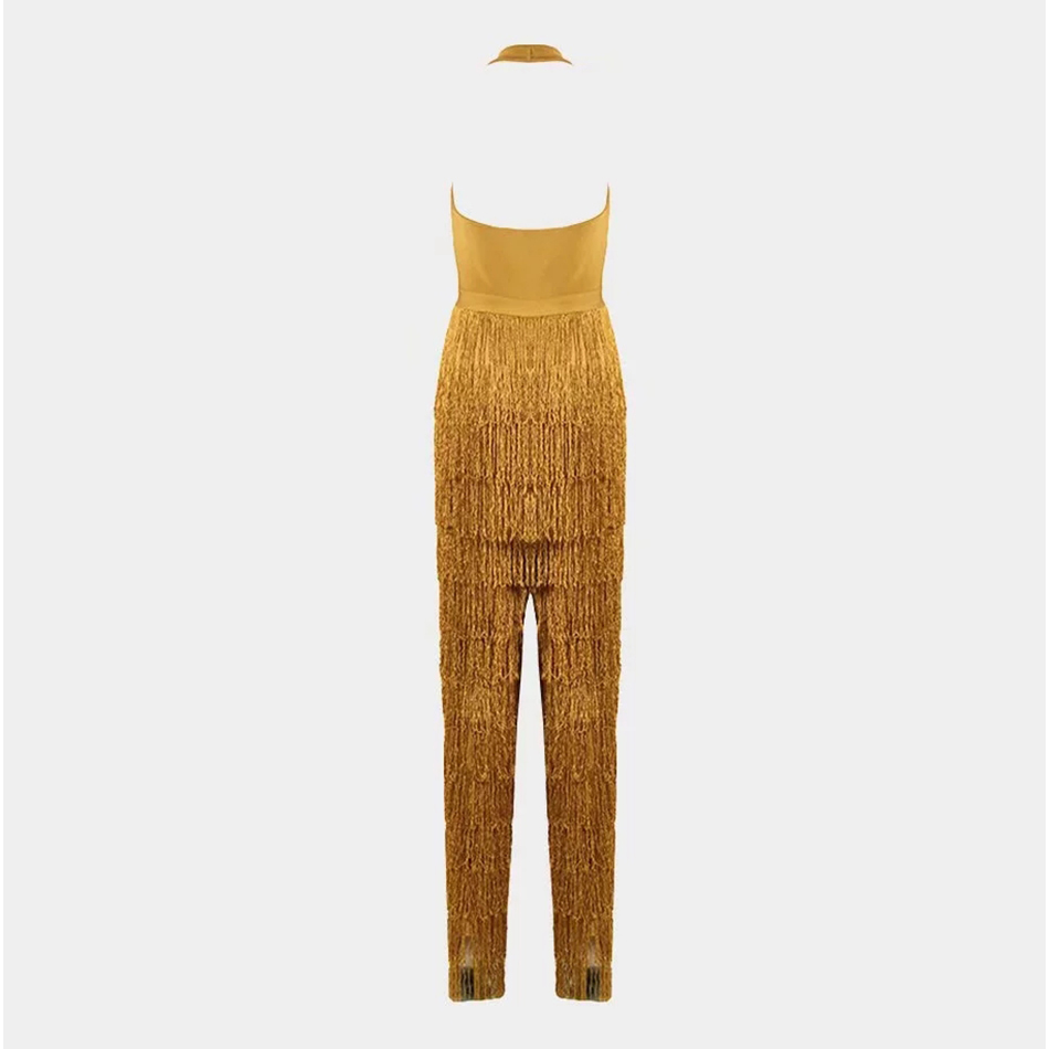 Summer Ladies Bandage Jumpsuit Yellow Tassel Bodycon Club V-Neck Party Sexy Spandex 210525