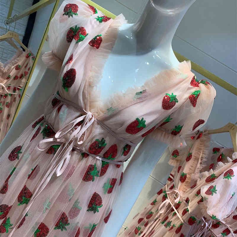 Fashion Long Dresses For Women Elegant Party Wedding Pink Maxi Summer Strawberry Dress Sequin Mesh Lolita High Waist Tunic 210402