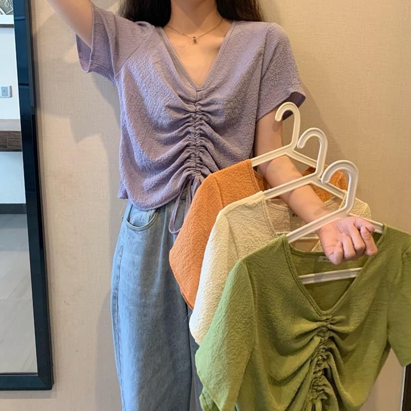 Wonder loose short paragraph ride short-sleeved T-shirt female summer drawstring fold plus size tops 210510