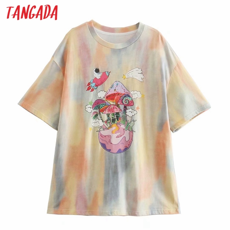 Women Tie Dye Print Oversized T Short Sleeve O Neck Tees Ladies Casual Tee Shirt Street Wear Top 2R39 210416