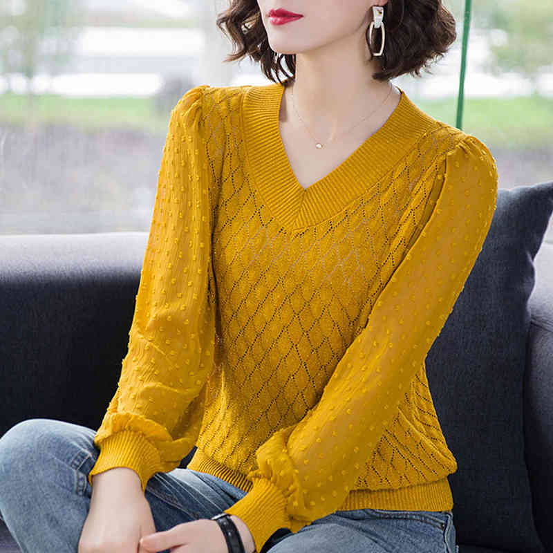 V-Neck Hollow Out Chiffon Long Sleeve Patchwork Knit Pullovers Women Elegant Large Size Loose Argyle Knitwear Tops Female 210522