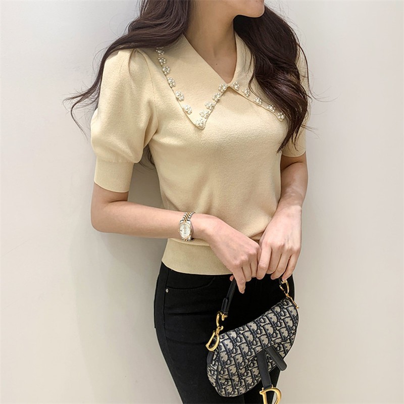 Pearl Beading Knitted T Shirt Tops Women Summer Short Sleeve Turn-down Collar Pullover Solid Slim Korean Fashion Female T-shirt 210514