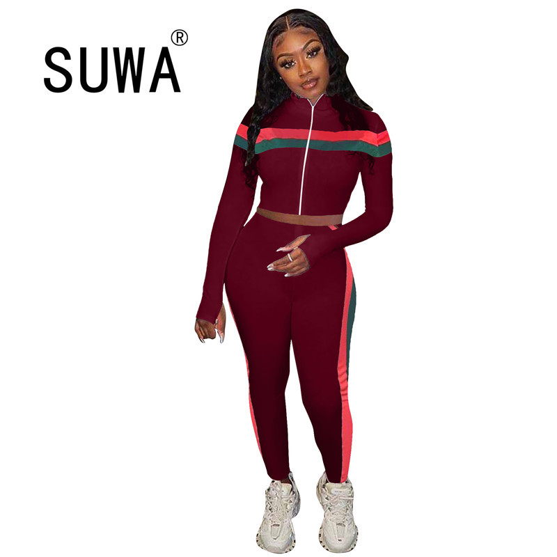 

Women Knitted Lounge Wear Sets 2pcs Crop Top Suit Zipper Long Sleeve Tunic + High Waist Joggers Pants Sports Streetwear 210525, Burgundy