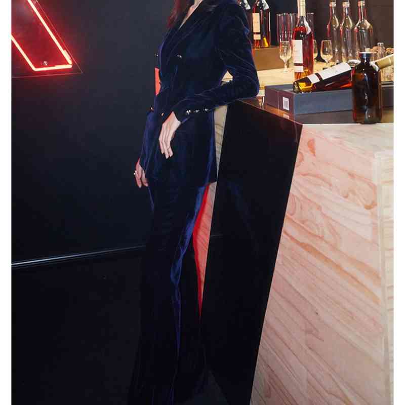 Business Women 2 Piece Pant Set Autumn Winter Double-breasted Blue velvet Blazers + Office Ladies Pencil Trousers Suit 210519