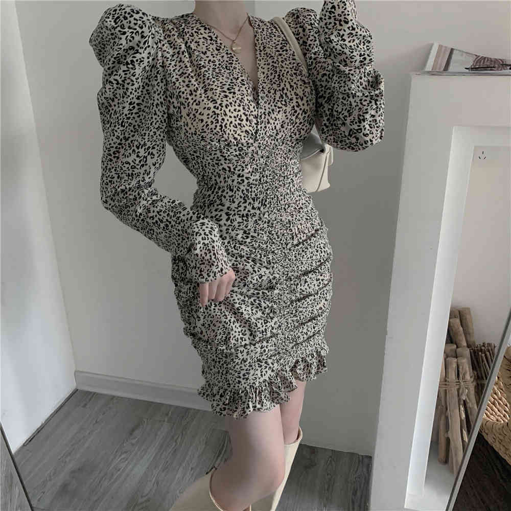 Nomikuma Leopard V-neck Puff Long Sleeve Elegant Dresses Autumn Women Dress Korean Slim Waist Pleated Mini Vestidos 6D271 210427
