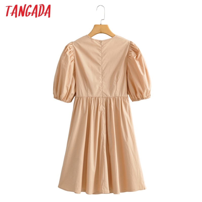 Women Khaki Summer O Neck Puff Short Sleeve Back Zipper Ladies Mini Dress Vestidos AI44 210416