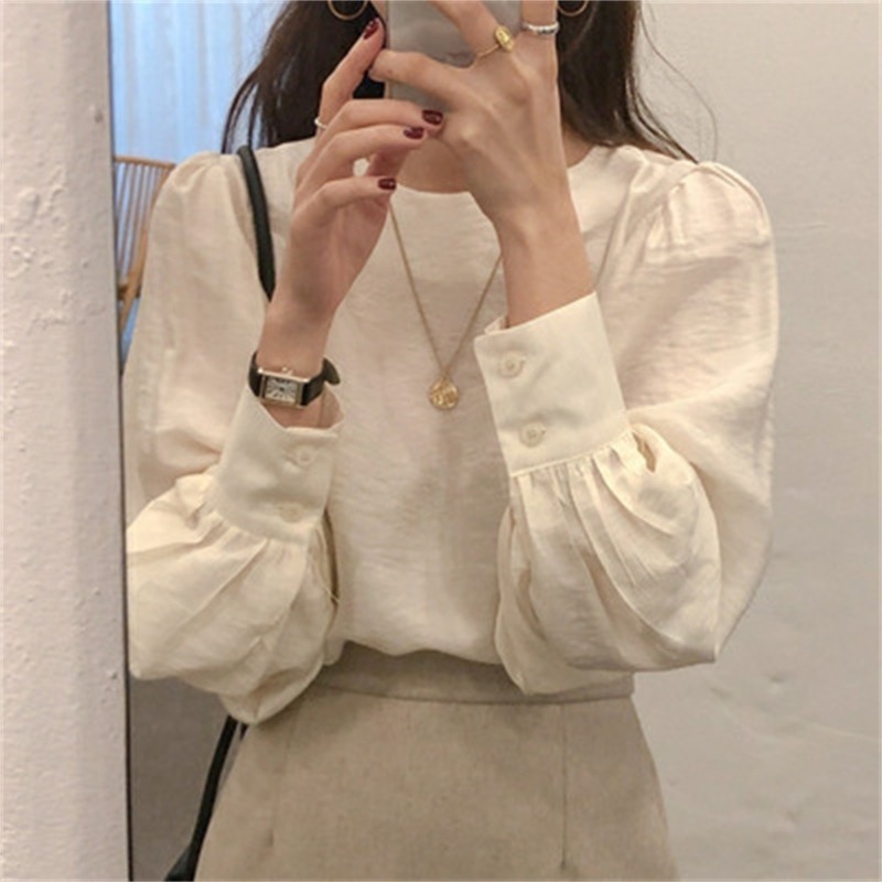 Nomikuma Causal Solid O-neck Women Pullover Blouse Korean Puff Long Sleeve Shirt Spring New Elegant Blusas Mujer 6E053 210427