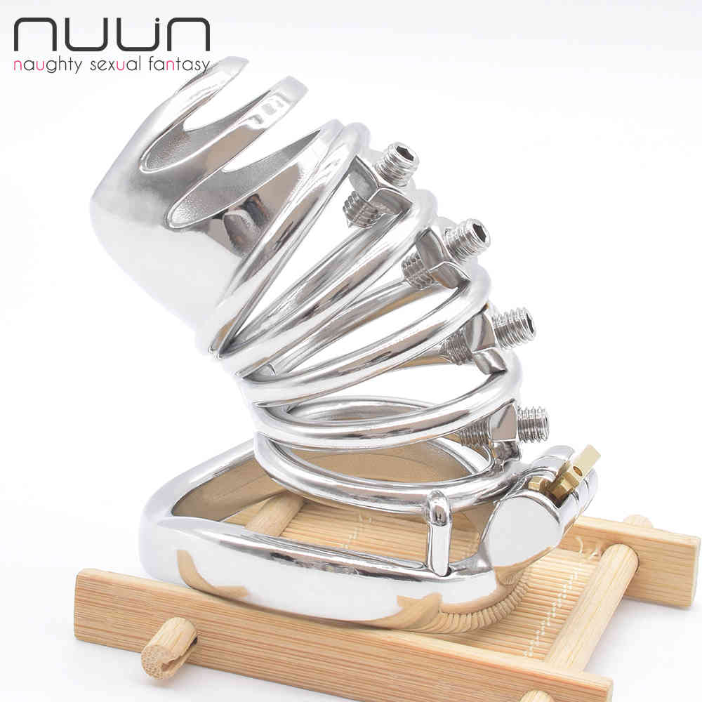 NUUN Male Chastity Device Bolted CBT Cock Cage with Spikes Stimulate Denial Penis Rings BDSM Bondage Kink Sissy Sex Toys for Men 210408