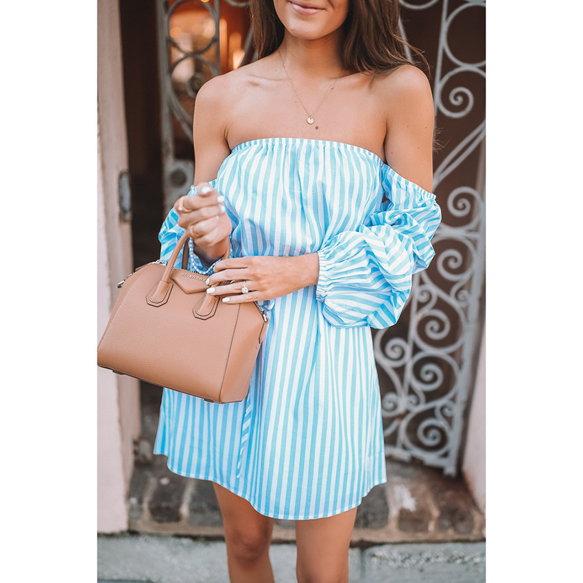 Women Dress Striped Slash Neck Off Shoulder Mini Lace Up Loose Sexy es Plus Size Bohemian es Summer 210513