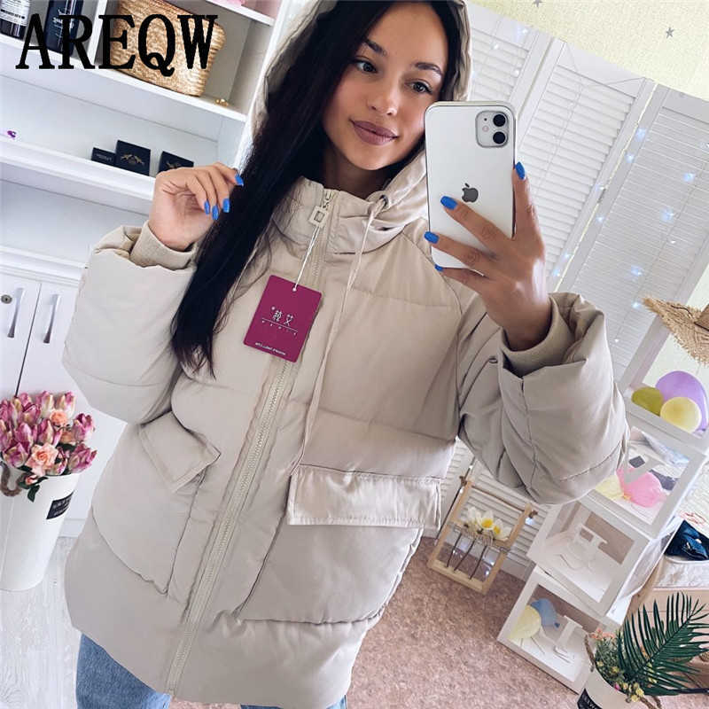 Autumn Winter Cotton Parkas Oversized Coats and Jackets Womens Outerwear Hooded Puffer Jacket Beige Blue Black 211008