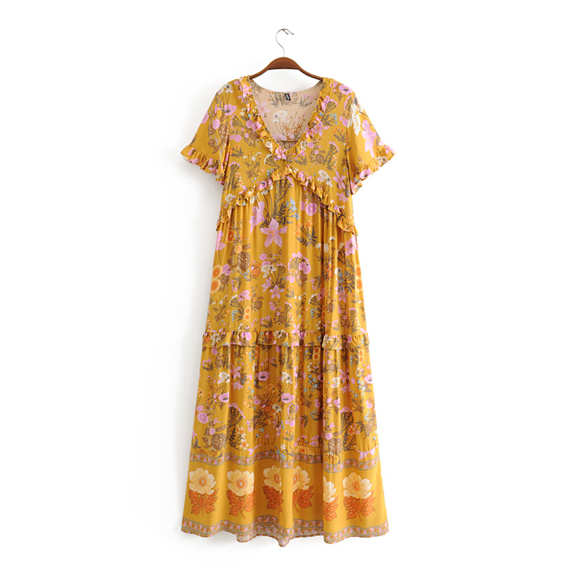 beauty Bohemian Beautiful Floral Print Maxi Dress Women Holiday Fashion Ruffles Loose Dresses Female Vestido De Moda 210514