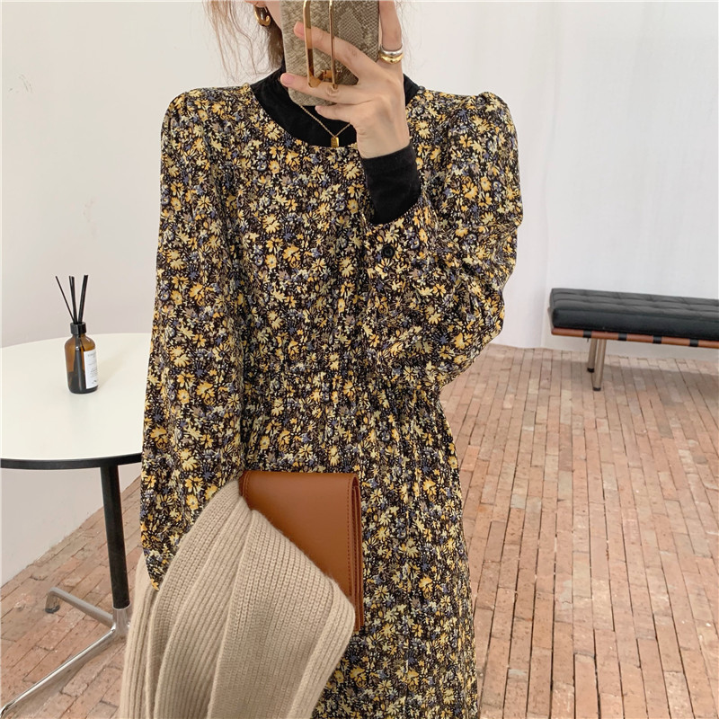 Spring Autumn Women Ladies Sleeve Boho All-Match O Neck Floral Print Robe Medium Long T-Shirt Dress T0D24C 210416