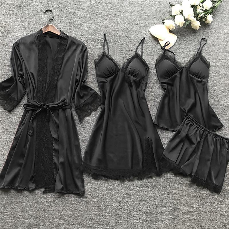 Wholesale Satin Lace Pajamas Sets Womens 5PC Strap Top Pants Suit Sleepwear Spring Autumn Home Wear Nightwear Bath Gown M-5XL Women's Tracks