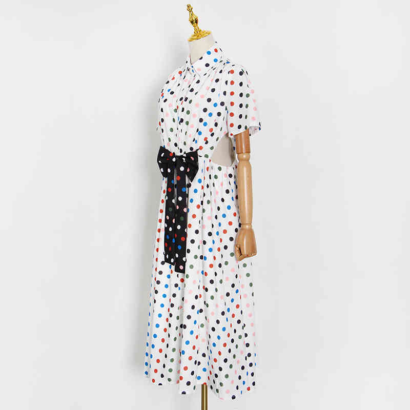 Dot Print Patchwork Bowknot Dress For Women Lapel Short Sleeve High Waist Casual Midi Dresses Female Fashion Summer 210520