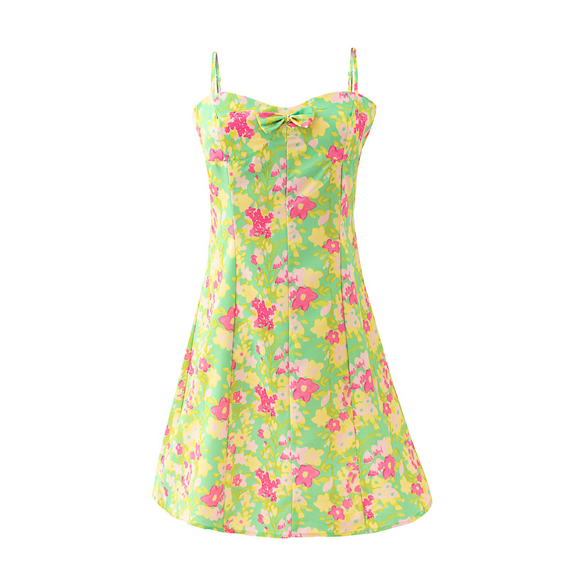 PUWD Sweet Woman Green Print Sling Mini Dress Summer Sexy Floral Bow Short es Ladies Backless Beach 210522