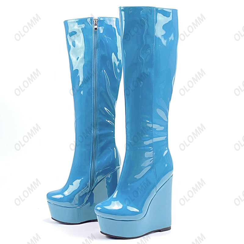 Rontic Handmade Women Winter Knee Boots Patent Leather Side Zipper Wedges Heels Round Toe Red Black Party Shoes Plus US Size 5-20