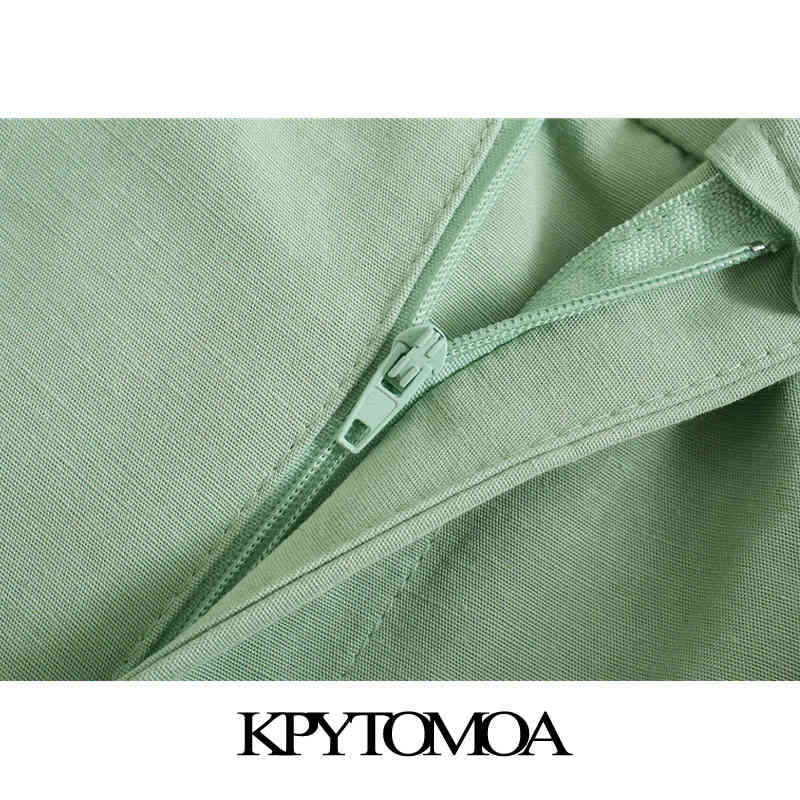 Women Chic Fashion Side Pockets Linen Bermuda Shorts Vintage High Waist Zipper Fly Female Short Pants Mujer 210416