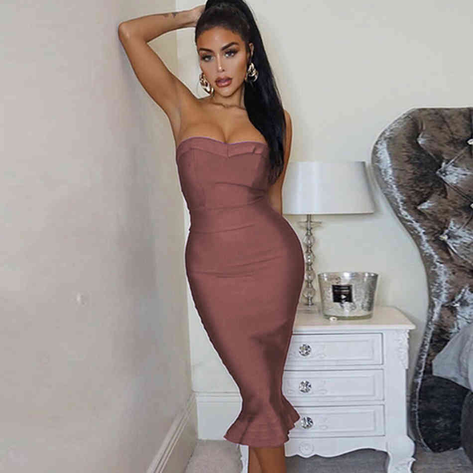 Women'S Fashion Sexy Party Bandage Sleeveless Dress Bodycon Purple Brown Summer Mermaid Strapless Christmas Dress Vestido 210409