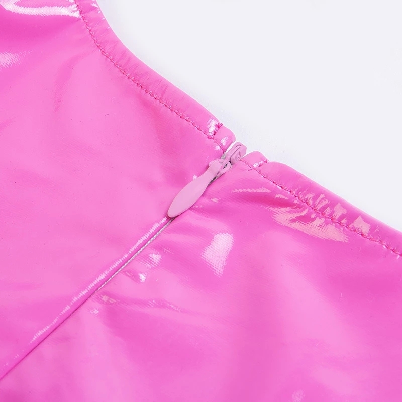 Sexy Pink PU Leather Bodycon Dress Summer Women Sleeveless Low Cut Back Zipper Elastic Mini Dress Party Club Dresses 210419