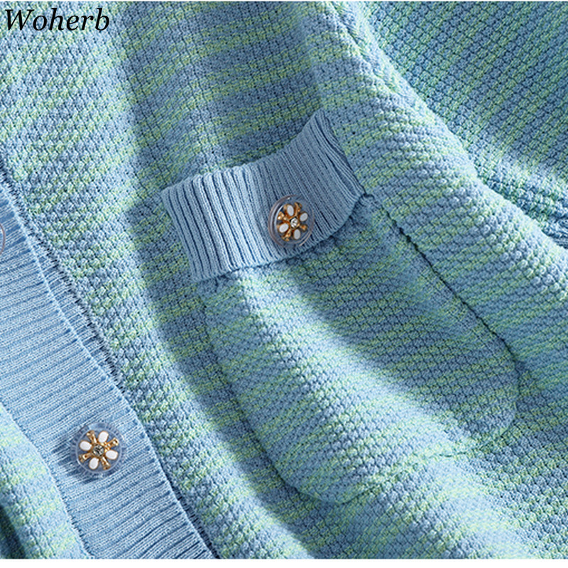 Vintage Elegant Knitted Cardigan Women Short Sleeve Striped Button Up Sweet Ladies Summer Korean Fashion Female Tops 210519