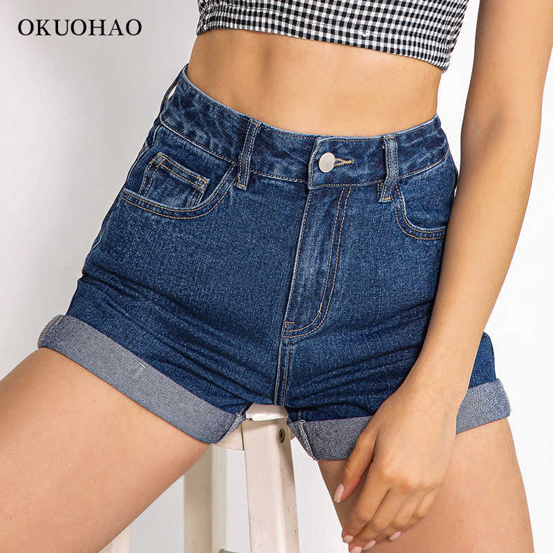 Okuohao High Waist Denim Shorts Women Plus Size Fashion Casual Slim Jeans Short Washed Sexy Female Summer Cotton 210714